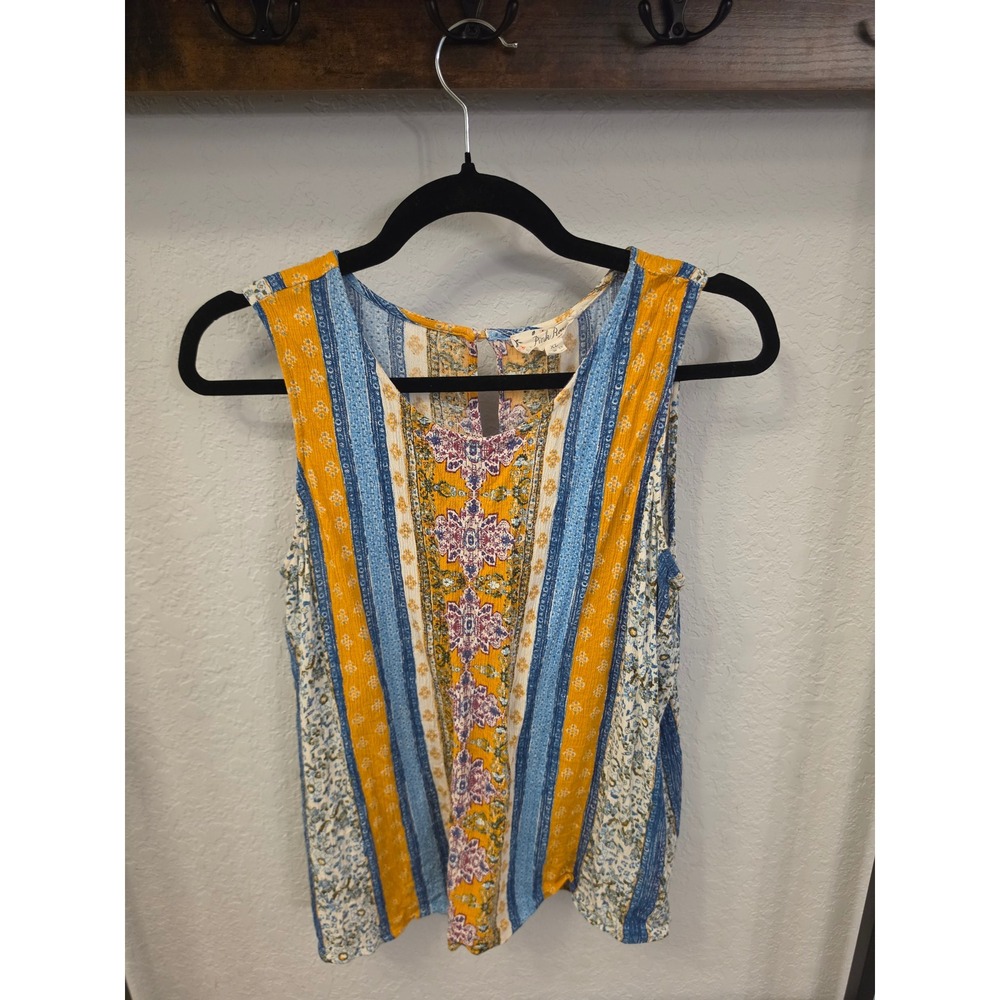 Pink Rose Boho Floral Stripe Sleeveless Rayon Tank Top XL Mustard Blue